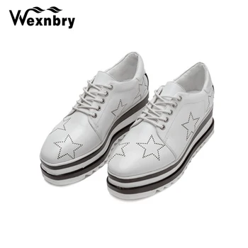 

Wexnbry Women Shoes High Quality Cow Leather Platform Shoes Spring Autumn Genuine Leather Lace-U Flat Shoes Women Casual Shoes