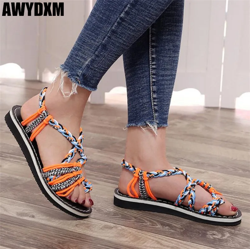 

Summer Women sandals new Rope knot fashion open toe flat sandals ladies Round head Weaving casual shoes Beach woman shoes S107