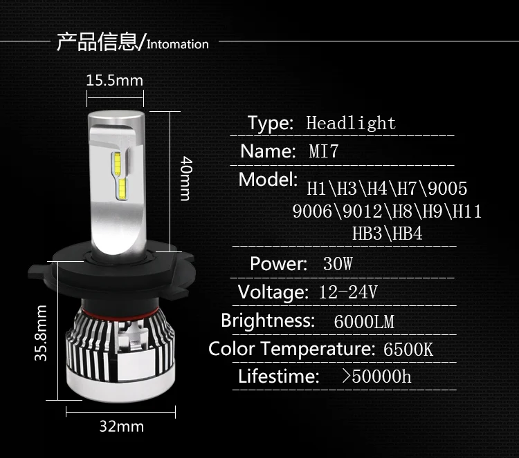 Продвижение авто H4 H11 H7 H8 светодиодный фары 2X30W 6500K 12000LM 12V лампы 2 стороны диоды