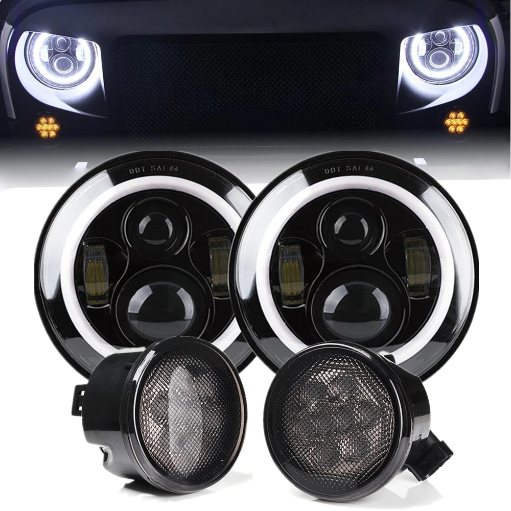 2pcs Halo 7Inch Headlight +2pcs Smoked Led Turn Signal Lights Combo For Jeep Wrangler Jk 2007-2018 | Автомобили и мотоциклы