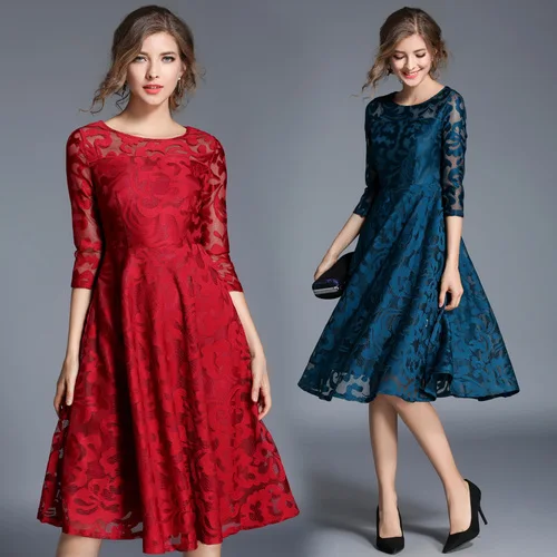 Wonderlijk TingYiLi Rood Blauw Kanten Jurk Herfst Elegante Dames Office Midi KJ-85