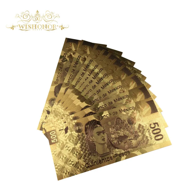 10 шт./лот, мексиканская банкнота, цветная Золотая банкнота, 500 песо, банкноты в 24 К, позолоченные, деньги, поддельные для сбора