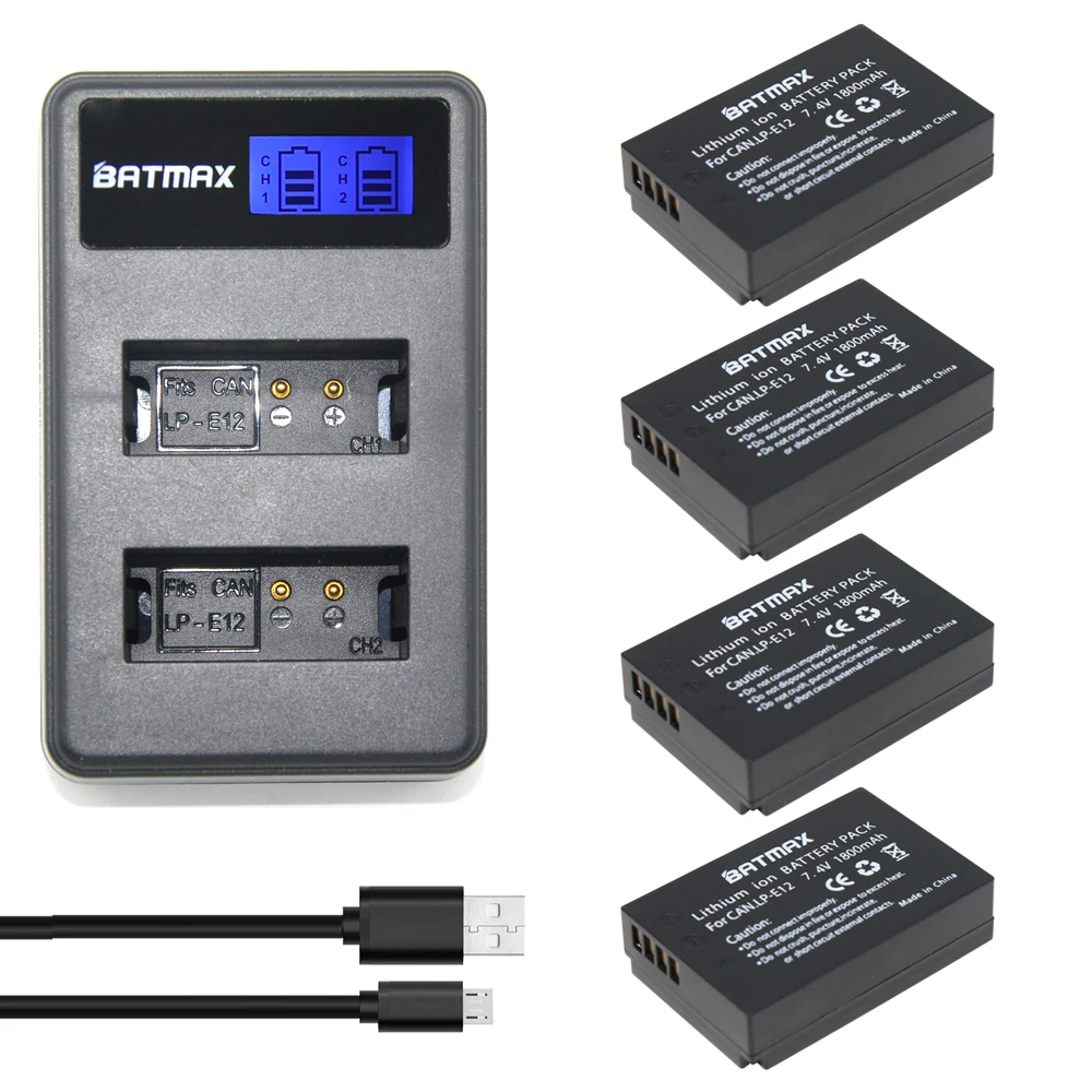 4Pcs 1800mAh LP-E12 LP E12 LPE12 Li-ion Battery +LCD USB Dual Charger for Canon EOS M50, EOS M100,100D Kiss X7 Rebel SL1 Camera 4Pcs 1800mAh LP-E12 LP E12 LPE12 Li-ion Battery +LCD USB Dual Charger for Canon EOS M50, EOS M100,100D Kiss X7 Rebel SL1 Camera