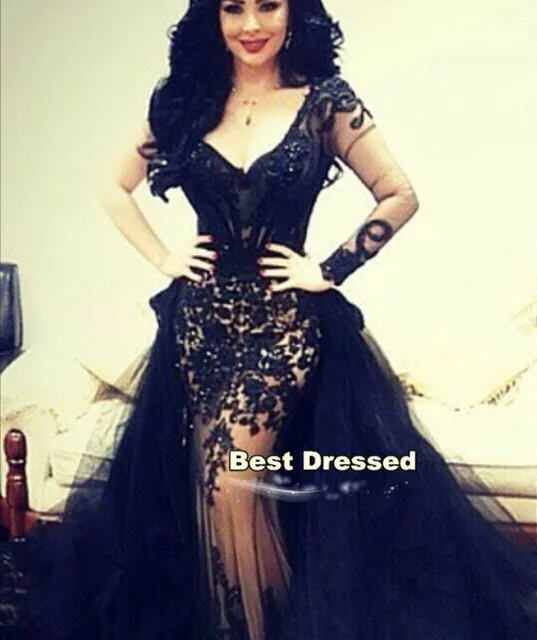 Aliexpress.com : Buy Sheath V Neck Long Sleeves Split Yousef Black Embroidery Women Dress Plus