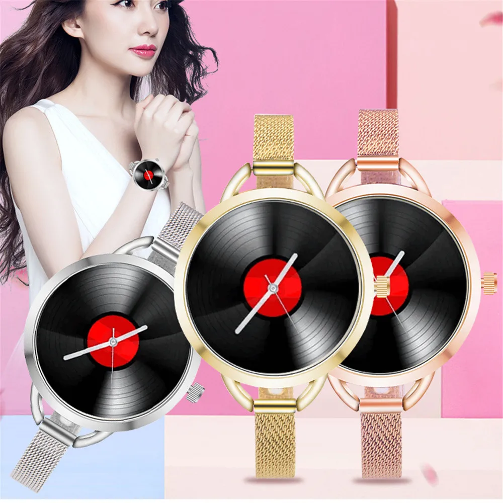 

Women Music Record Pattern Watches Alloy Mesh Band Analog Quartz Wrist Watch Big Dial Ladies Watch relogio feminino Dropshipping