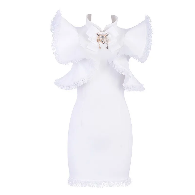 TWOTWINSTYLE кисточкой лоскутное сексуальное женское платье бриллиантами оборками рукавом Высокая талия асимметричный тонкий мини женские платья мода - Цвет: white
