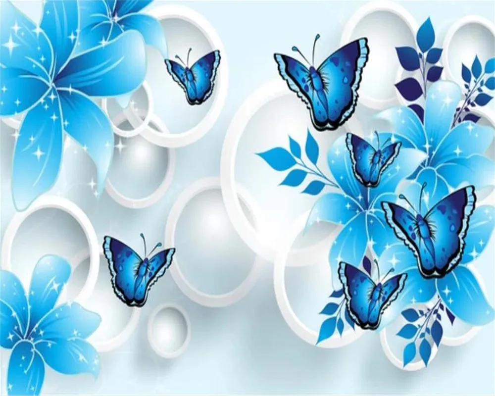 

Custom wallpaper blue lily butterfly TV background wall home decoration living room bedroom murals 3d wallpaper