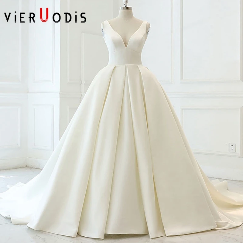 Элегантное блестящее атласное свадебное платье с v-образным вырезом Vestido De Noiva Evase