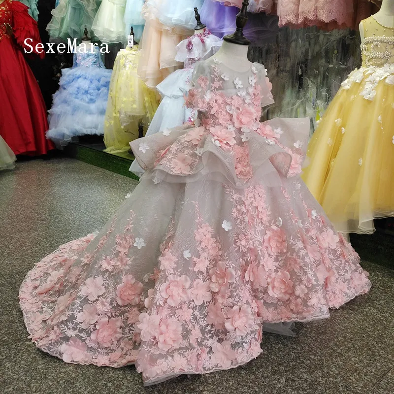 Luxury Flower Girl Dresses Ball Gowns 3D Flowers Applique Lace Princess Pageant Children Birthday Party Clothes | Детская одежда и