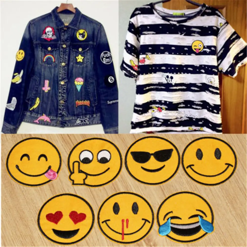8pcs  DIY Embroidered Emoji Patches Kids Cartoon Motif Patch Smile Face Iron On Applique For Cloth Stickers Hot Sale