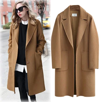 

2019 New Fall/Winter Mid-Length Overcoat In European And American Woolen Overcoat For Women Solid Color Long Pattern Woolen Coat