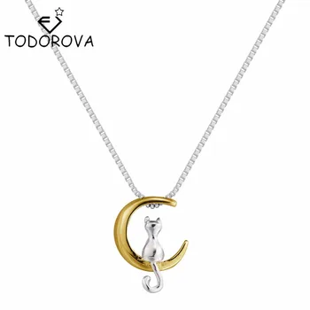 

Todorova Lovely Cat On the Gold Moon Pendant Necklace Statement Necklace for Women Christmas Gift