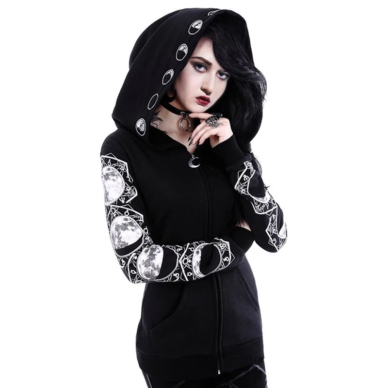 Online Rosetic mujeres con capucha cremallera Casual negro con capucha bolsillos letra Luna impresión gótico Punk Hoodies mujer sudadera brillante en la oscuridad Goth