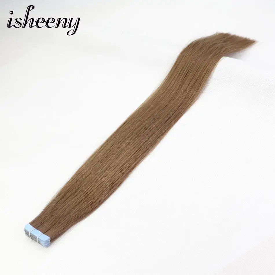 Isheeny 14" 18" 20" 22" European Natural Straight Tape on Remy Hair Extension 6 Honey Brown