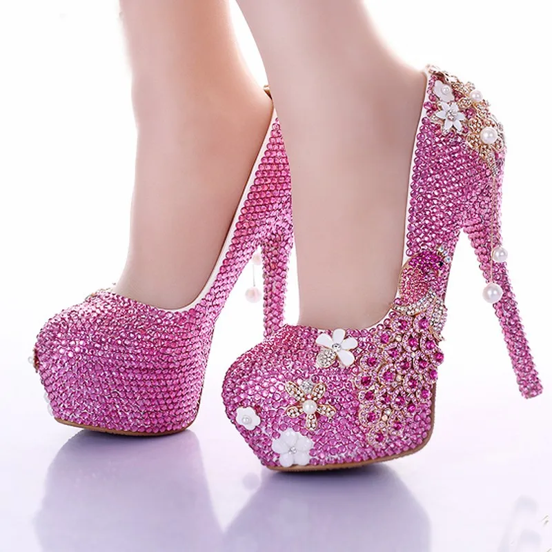 Свадебные туфли ручной работы с розовыми стразами; Новинка года; модные вечерние модельные туфли для выпускного вечера; туфли-лодочки на высоком каблуке для подружки невесты