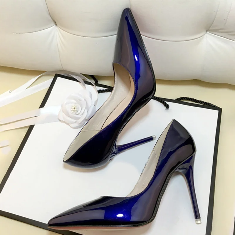 Женские туфли-лодочки с острым носком, модные тонкие туфли на высоком каблуке без шнуровки, женские туфли из лакированной кожи, женские свадебные вечерние модельные туфли - Цвет: Blue 8cm