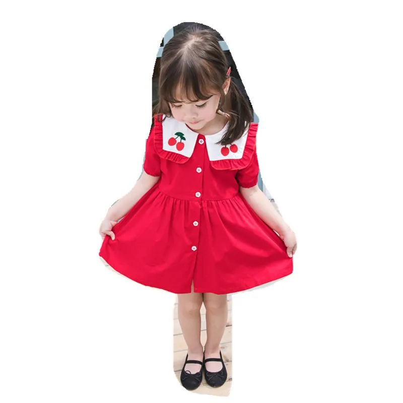 2019 Crianças Roupas Meninas Coreanas Vestido Navy Vento Lapela Vestido Cereja