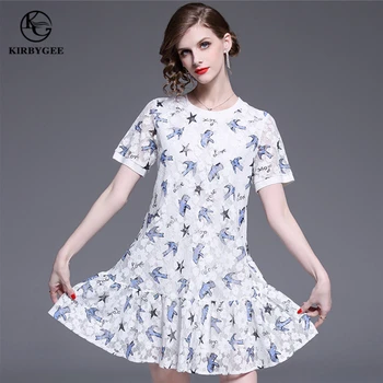 

KirbyGee Short Animal Print Elegant White Dresses For Women Casual Hollow Out Ruffle Lace Dress Summer 2019 Vintage Floral Dress