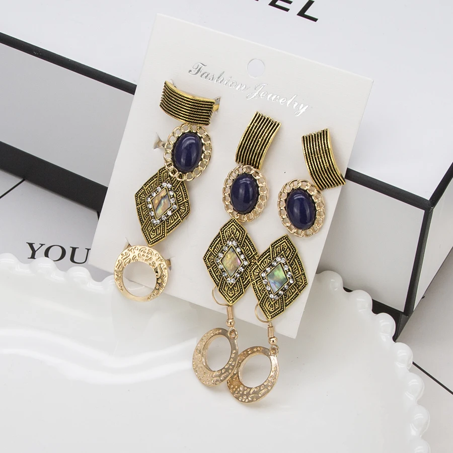 12 stücke Vintage Antient Gold Ohrringe Ring Schmuck Sets Beinhalten 4 Ringe 4 Pairs Ohrringe Großhandel Punk Kristall Edelstein Schmuck set