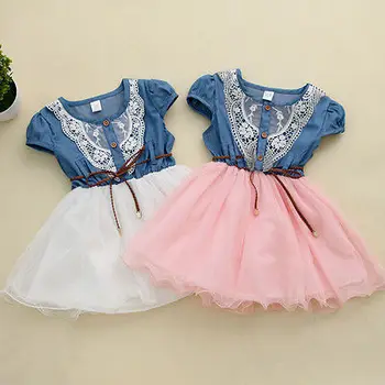 

Kids Baby Girls Party Lace Flower Tulle Denim Dress Gown Formal Dresses