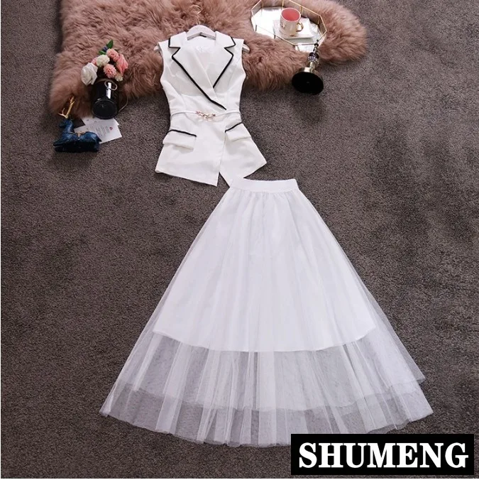 

2019 Summer New Suit Collar Sleeveless Shirt Tops + High Waist Long Gauze Skirt Two-piece Lady Elegant Skirt Suits