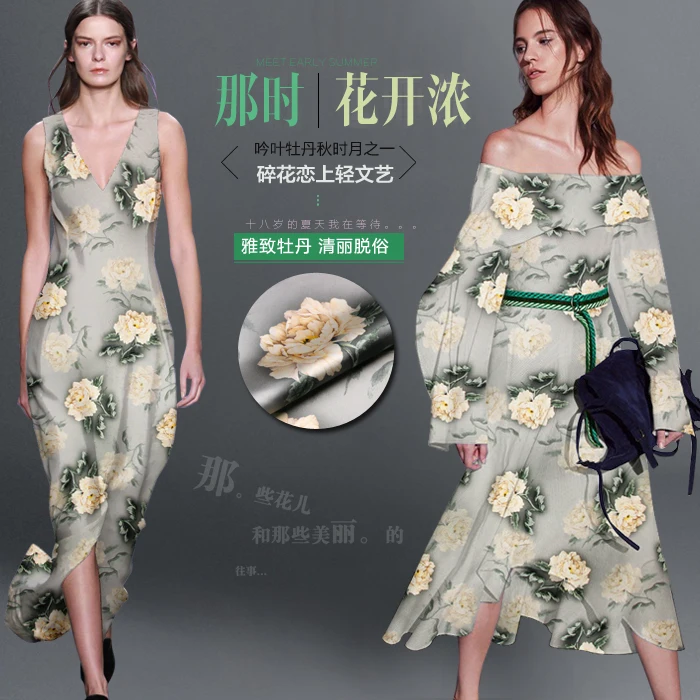 

Mulberry Silk Fabric With Flowers By The Meter Width 46 Inch Printing Elastic Cheongsam Material Vintage Blooming