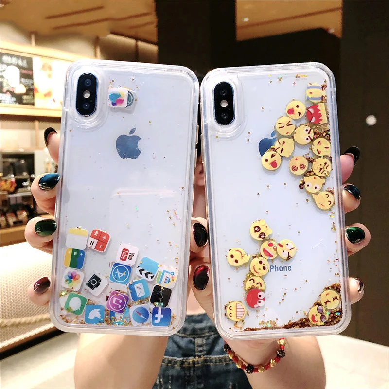 

Cute Apps Icon Emoji Liquid Glitter Quicksand Case for iPhone 6 6S 7 8 Plus Hard Cover For iPhone X XR XS Max Fundas