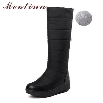 

Meotina Snow Boots Winter Shoes Women Knee High Boots Fringe Platform Wedge Boots Round Toe Ladies Long Shoes Warm Red Black 44