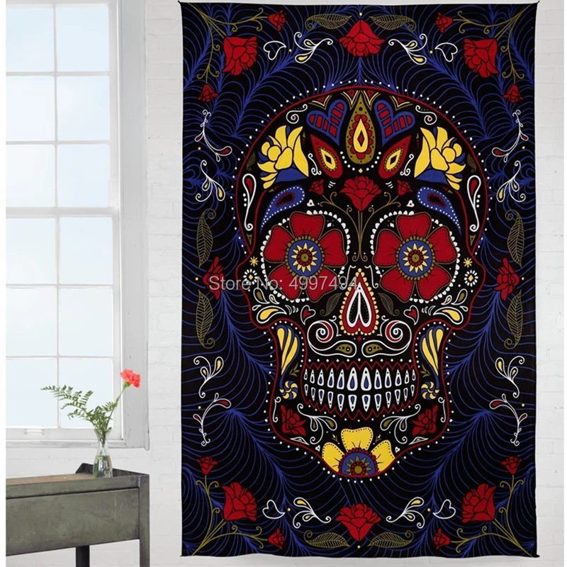 

Loartee Gothic Sugar Skull Tapestry Cartoon Painting Death Flower Print Cloth Wall Decor Bedspread Backdrop Home Wandkleed