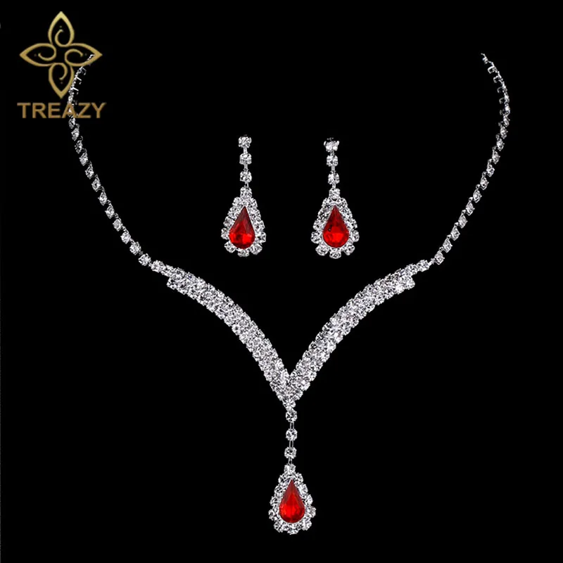 

TREAZY Charming V Shaped Bridal Jewelry Sets Red Crystal Teardrop Necklace Earrings Wedding Jewelry Sets for Women Party Gifts