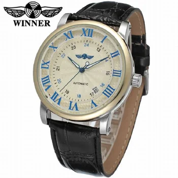 

The Mens' Watches Automatic Mechanical Watch Calendar Leather Rome Number Fashion Wristwatches Clock T-WINNER Top Brand Clock