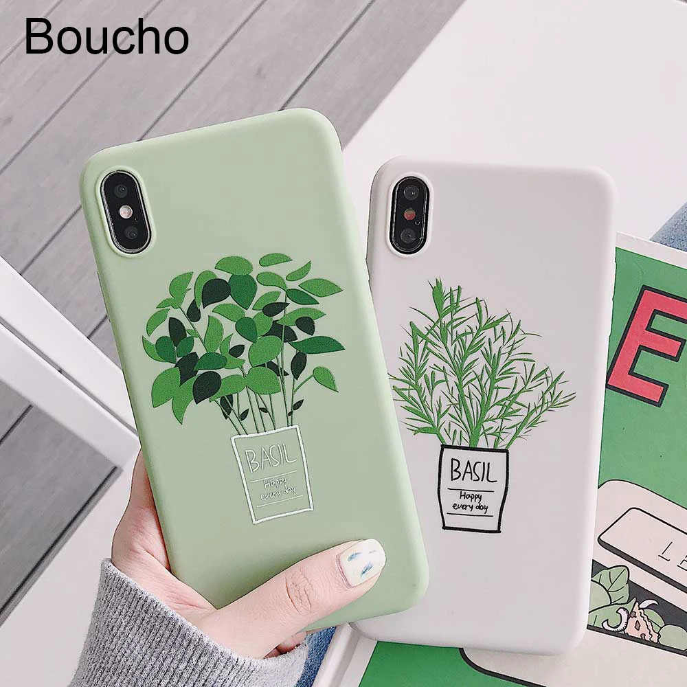Boucho Phone Case For iPhone XR XS MAX X 6 6s 7 8 plus 8plus Soft Silicone Cover Fashion Plant Green Leaf Pattern Matte Cases |