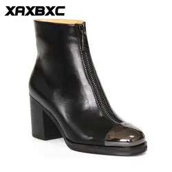 XAXBXC Ретро Британский Стиль Кожаные броги оксфорды на высоком каблуке короткие сапоги женская обувь черный металлический носок ручная