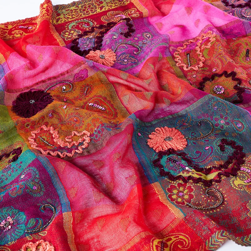 Непальский шарф из вареной шерсти женский клетчатый шарф ручной работы из бисера Национальный Ветер длинная шаль теплый красный