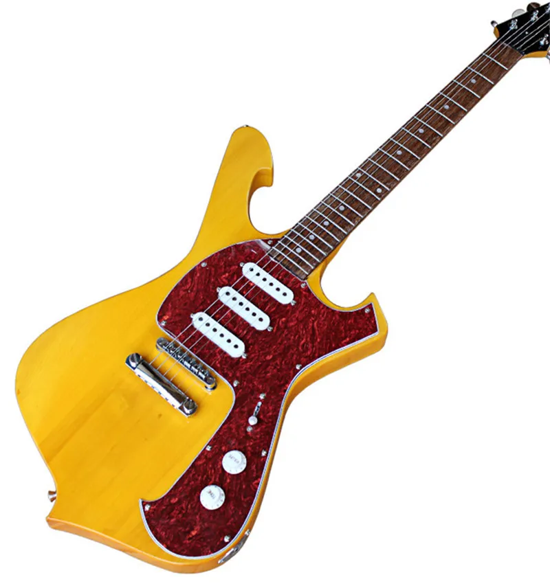 

Factory Yellow Unusual Shape Electric Guitar with Rosewood Fingerboard,Chrome Hardwares,Red Pearl,can be customized