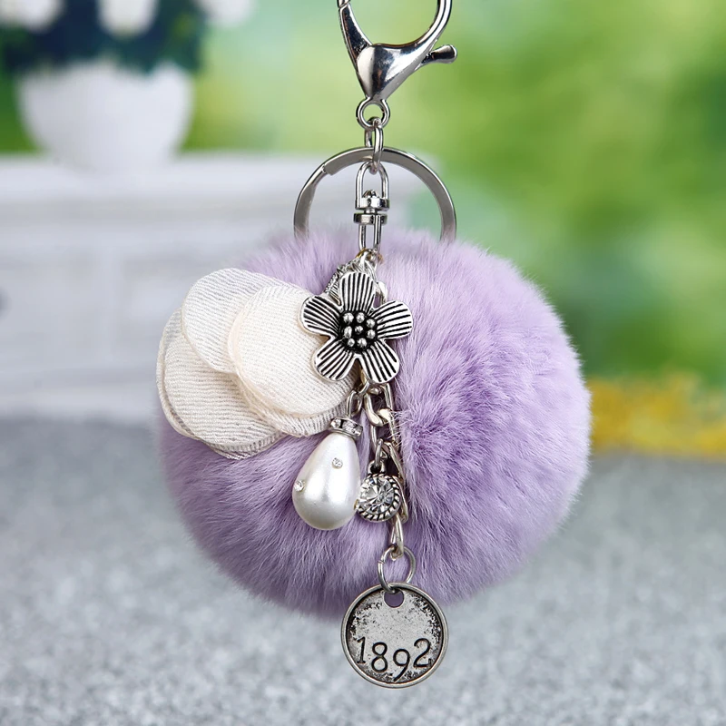 

Fashion 8 CM Fluffy Rabbit Fur Ball Keychain 15 Color Retro Flowers Fur Pompons Keychain Car Key Chain Chaveiro Pom Pom Keychain
