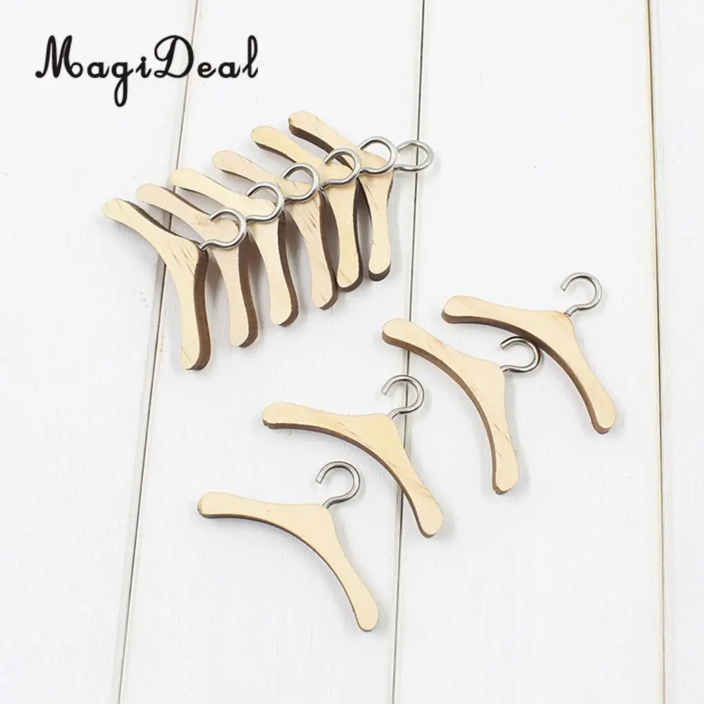 DIY Assembled Wooden Clothes Hanging Shelf&10 Pieces Clothes Hook Hanger for 12 Inch Dolls Dollhouse Bedroom Accs Decor