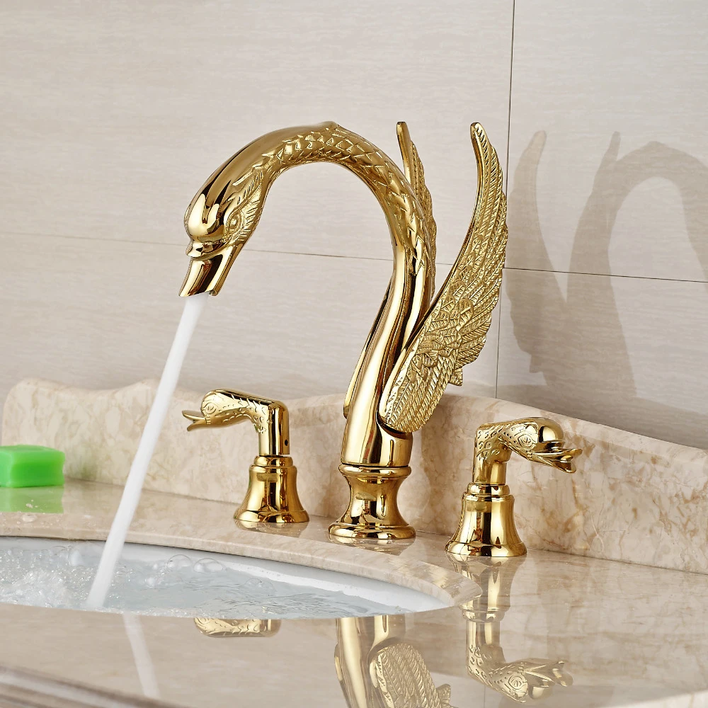 Luxury Bathroom Faucet Brass Gold Finish Golden Swan Shape Basin