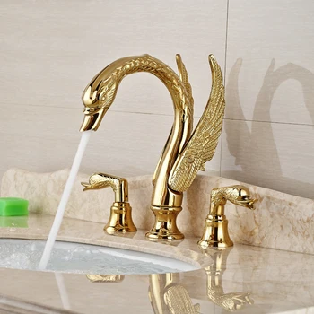 

Luxury Bathroom Faucet Brass Gold Finish Golden Swan Shape Basin Tap Dual Handle Deck Mount Mixer Tap Sink Faucets