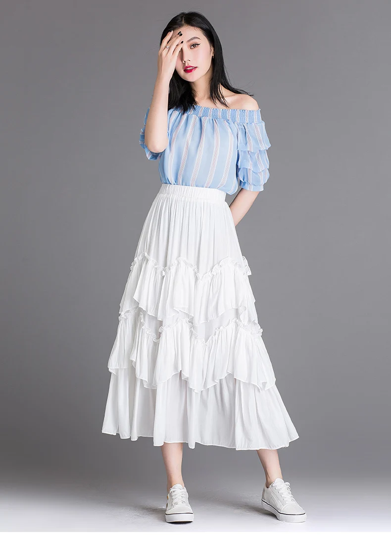 Faldas Mujer Moda 2019 весна лето милые многоярусные макси длинные юбки Атласные оборки Cakee Многослойные трапециевидные длинные юбки синий белый
