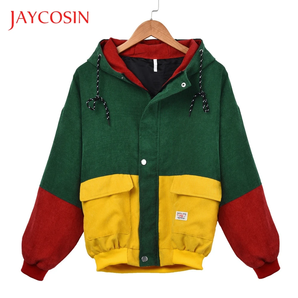 

JAYCOSIN Long Sleeve Corduroy Patchwork Women Oversize Jacket Windbreaker Coat Overcoat Comfortable Material Patchwork Pattern