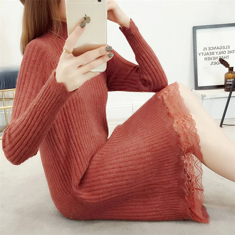Женское трикотажное платье свитер с высоким воротником и кружевом|knitted dress|sweater