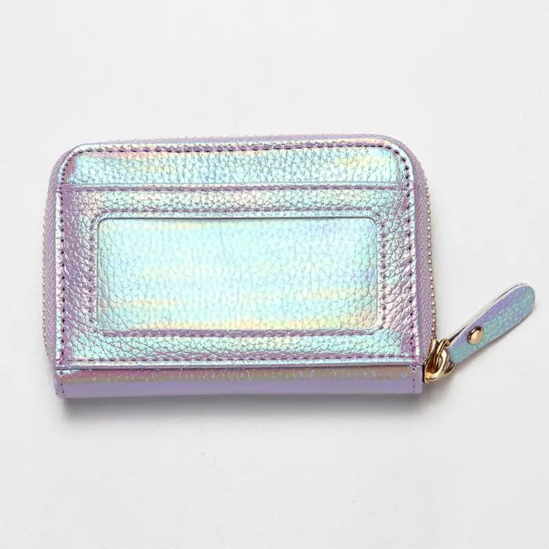 Women Hologram PU Leather Credit Card Holder Purse with RFID Protector Small Zip Around Wallet