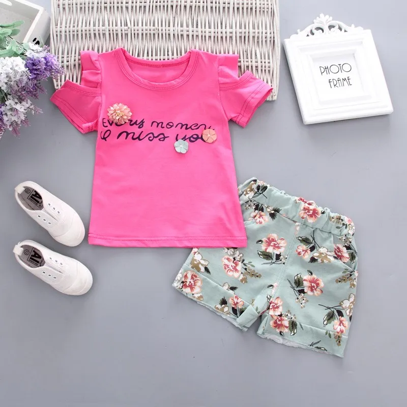 Baby Girls Clothes Floral Printed Short Sleeve Strapless T-shirt+Pant 2Pcs Girl Set Kid Outfit Lady Suit Princess Child set A293 girls clothing set