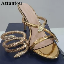 Пикантные сандалии-гладиаторы на высоком каблуке с ремешком на лодыжке, золото, змея; женские летние модельные туфли с открытым носком для вечеринок