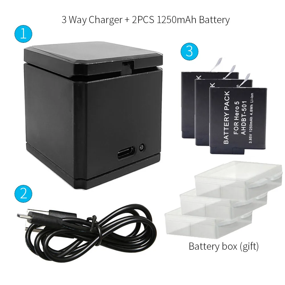 TUYU для GoPro Hero 7 Black Hero 6 5 Cam 3-ходовое зарядное устройство и 3 комплект аккумуляторов для хранения зарядки с заменяемой батареей - Цвет: Charger x3 batteries