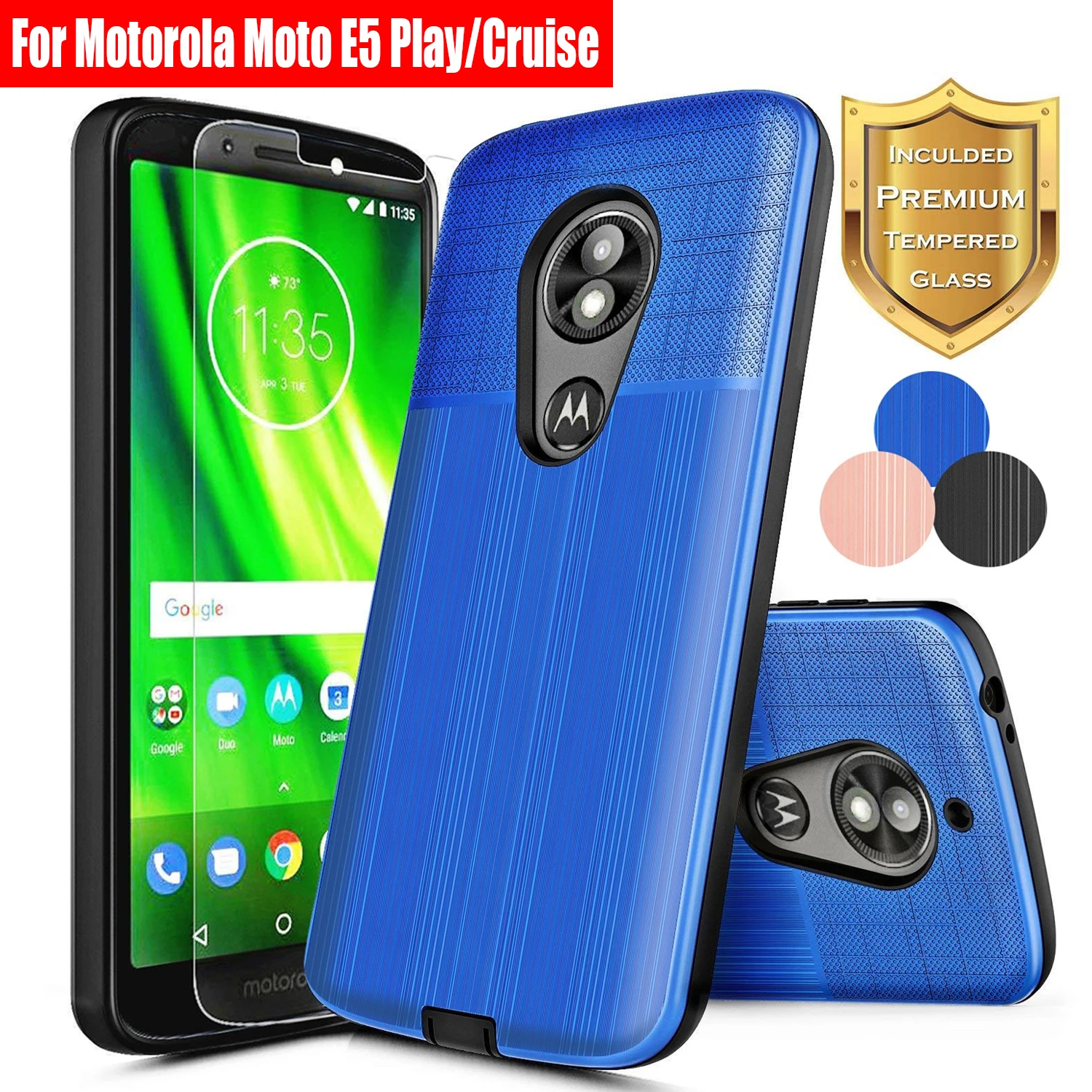 

SuaGet Case For Motorola Moto E5 Play / Moto E5 Cruise Brushed Shockproof Case Cover (3 Color) with 9H Clear Tempered Glass