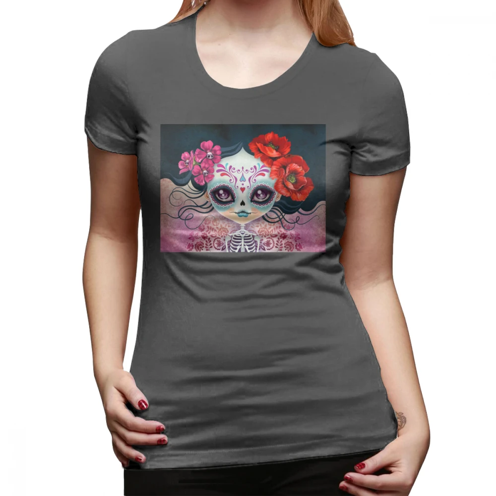 عظام الجمجمة تي شيرت أميليا Calavera السكر الجمجمة T قميص مطبوعة القطن المرأة التي شيرت يا الرقبة عارضة العصرية الفضة السيدات المحملة قميص