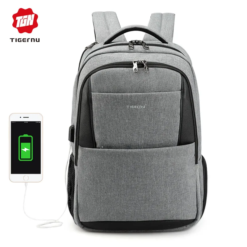 Tigernu бренд мужской рюкзак 15.6 ноутбук рюкзак мужчины usb большие туристические рюкзаки тонкий водонепроницаемый противоугонные школьные женщины - Цвет: Grey 15.6inch