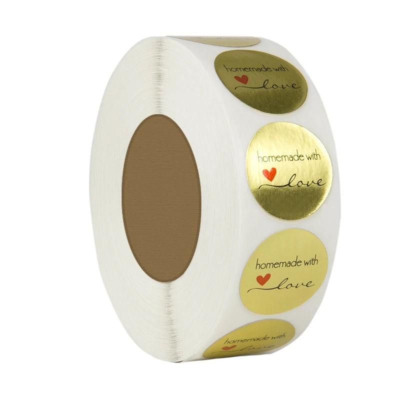 Горячее предложение-1 дюймов круглая Золотая фольга самодельная с любовь наклейки/500 этикеток в рулоне